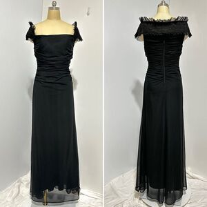 Vtg Tadashi Black Mesh Ruched Maxi Dress S Gothic Vampire Fairygoth Witchy
